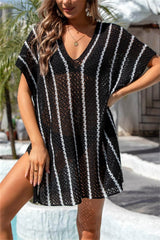 Openwork V-Neck Short Sleeve Cover Up Black / One Size