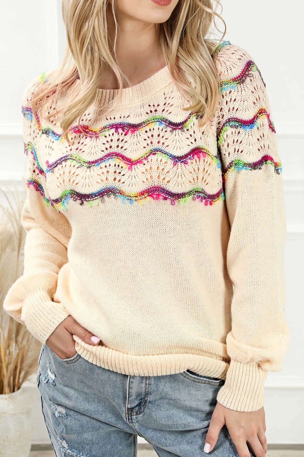 Openwork Wavy Striped Round Neck Sweater
