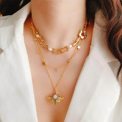 Orchid Charm Pearl Accented Floral Deco Necklace Gold / Necklace