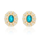 Oval-Shaped Rhinestone Swiss Stone Statement Stud Earrings Blue / Clip On