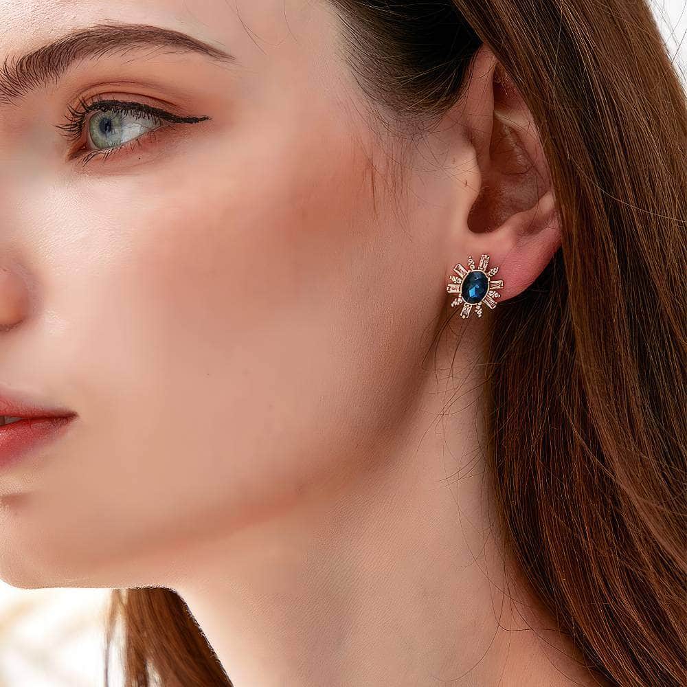 Oval-Shaped Studded Crystal Rhinestone Earrings Blue / Clip On