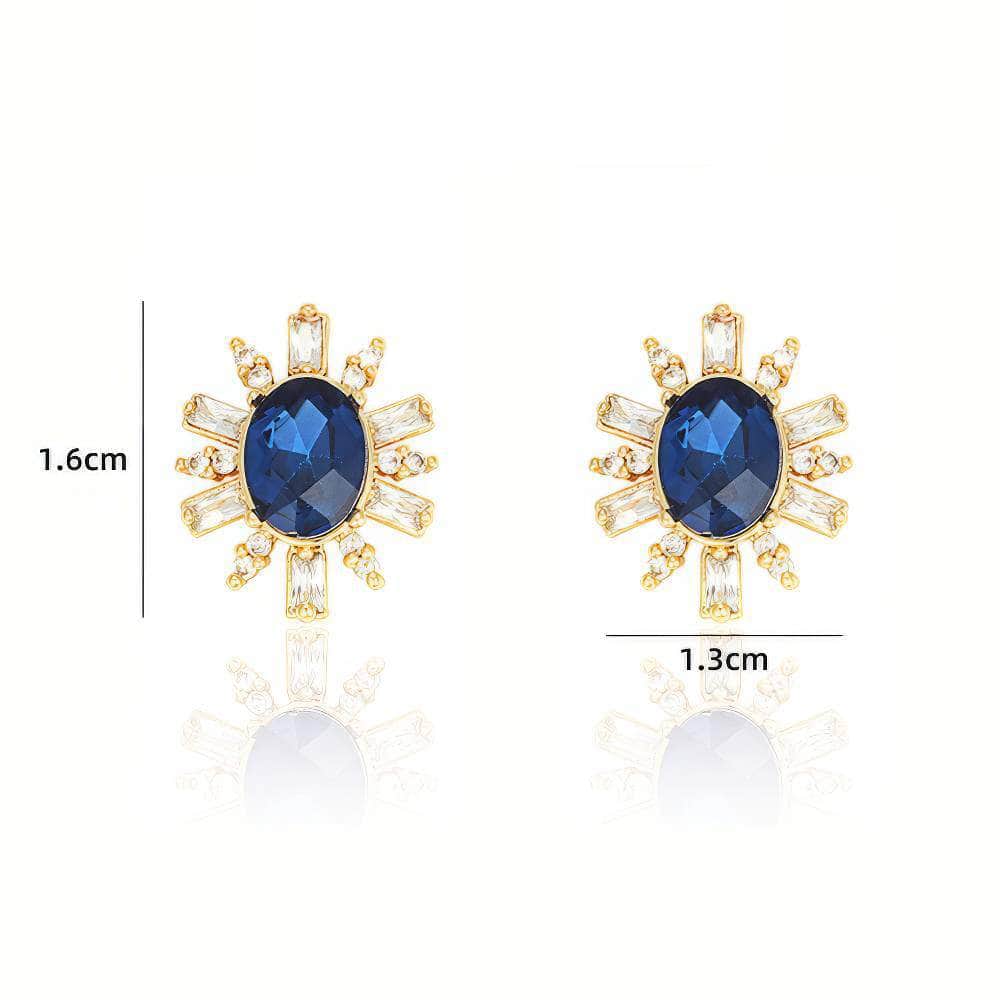 Oval-Shaped Studded Crystal Rhinestone Earrings Blue / Clip On