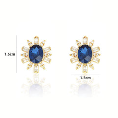 Oval-Shaped Studded Crystal Rhinestone Earrings Blue / Clip On