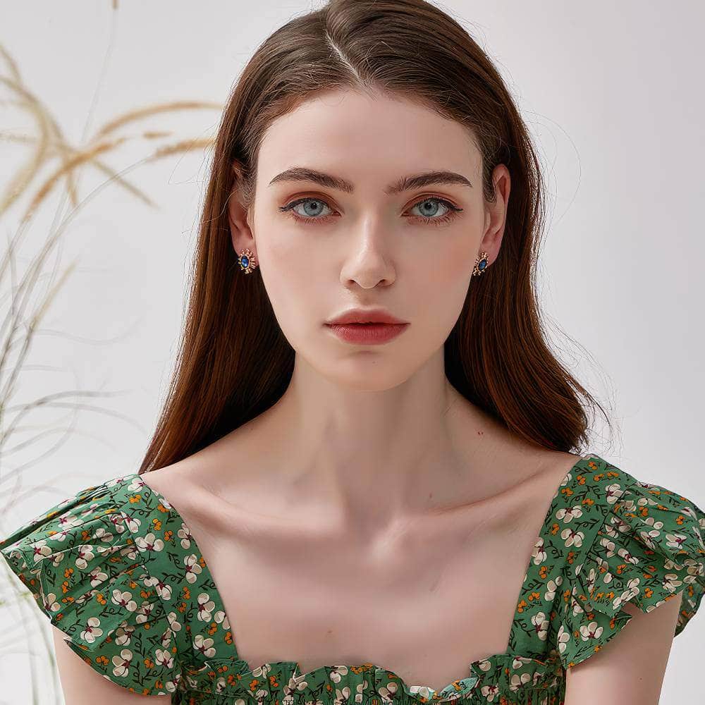 Oval-Shaped Studded Crystal Rhinestone Earrings Blue / Clip On