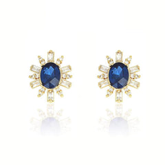 Oval-Shaped Studded Crystal Rhinestone Earrings Blue / Clip On