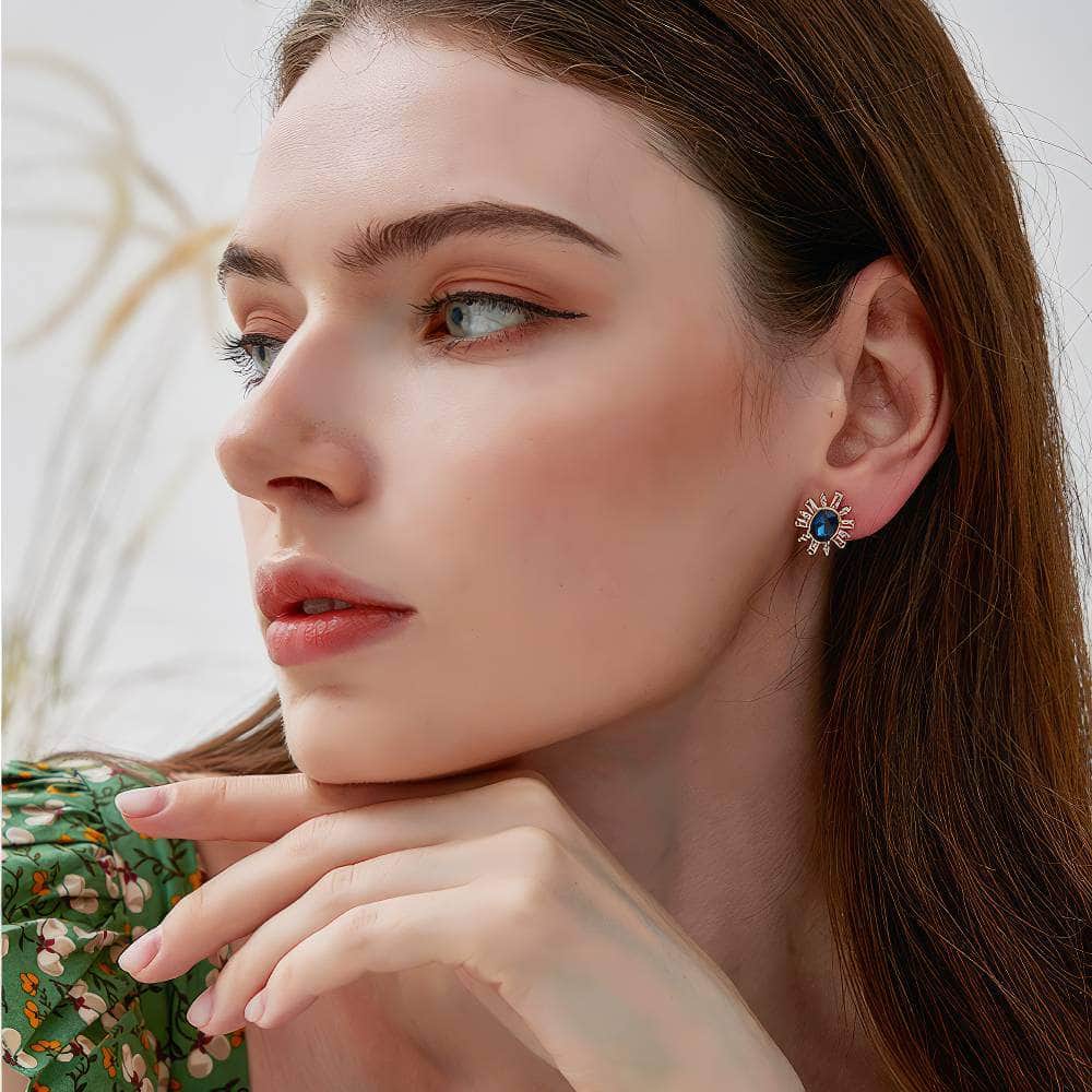 Oval-Shaped Studded Crystal Rhinestone Earrings Blue / Clip On