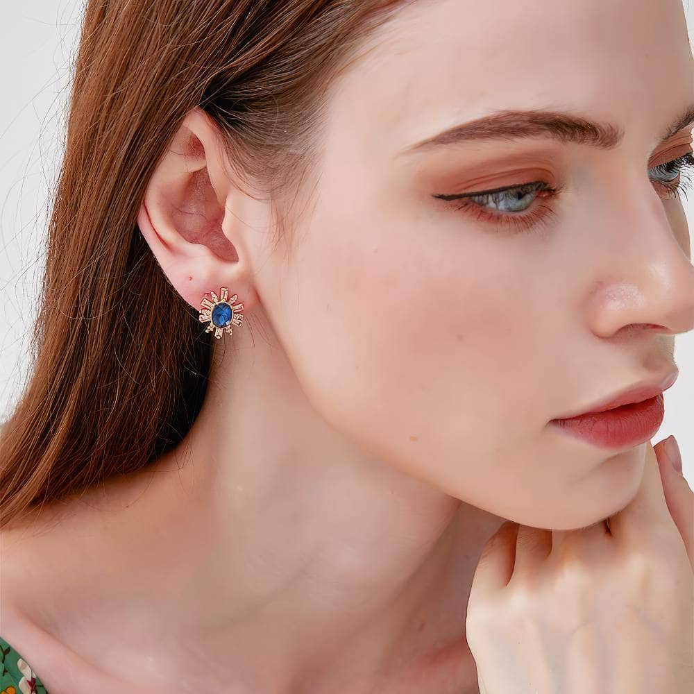 Oval-Shaped Studded Crystal Rhinestone Earrings Blue / Clip On