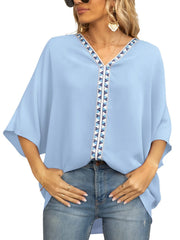 Oversized Contrast V-Neck Half Sleeve Blouse Light Blue / S