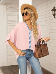 Oversized Contrast V-Neck Half Sleeve Blouse Pink / S