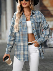 Oversized Plaid Button-Up Shirt Air Force Blue / S