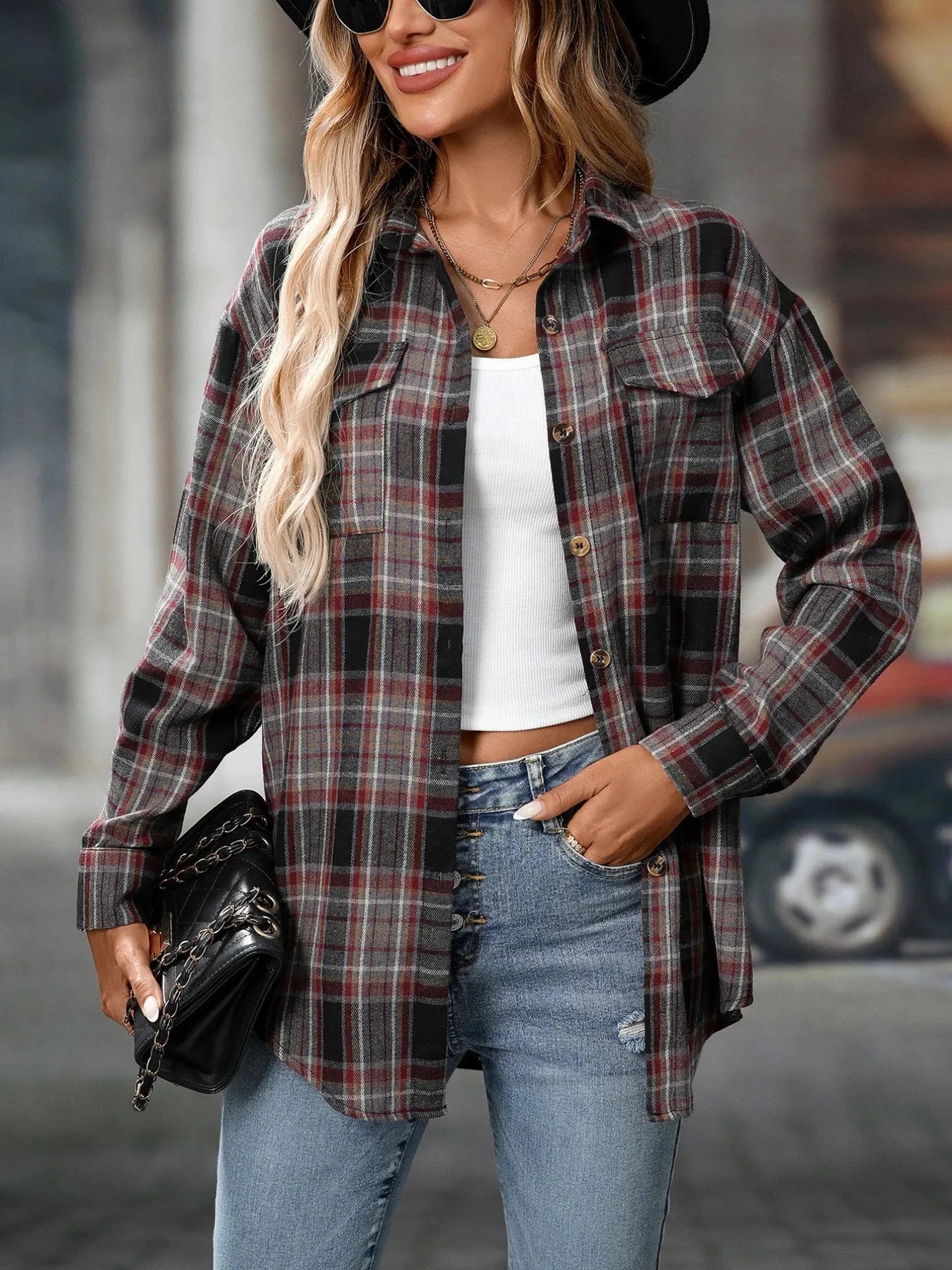 Oversized Plaid Button-Up Shirt Dark Gray / S