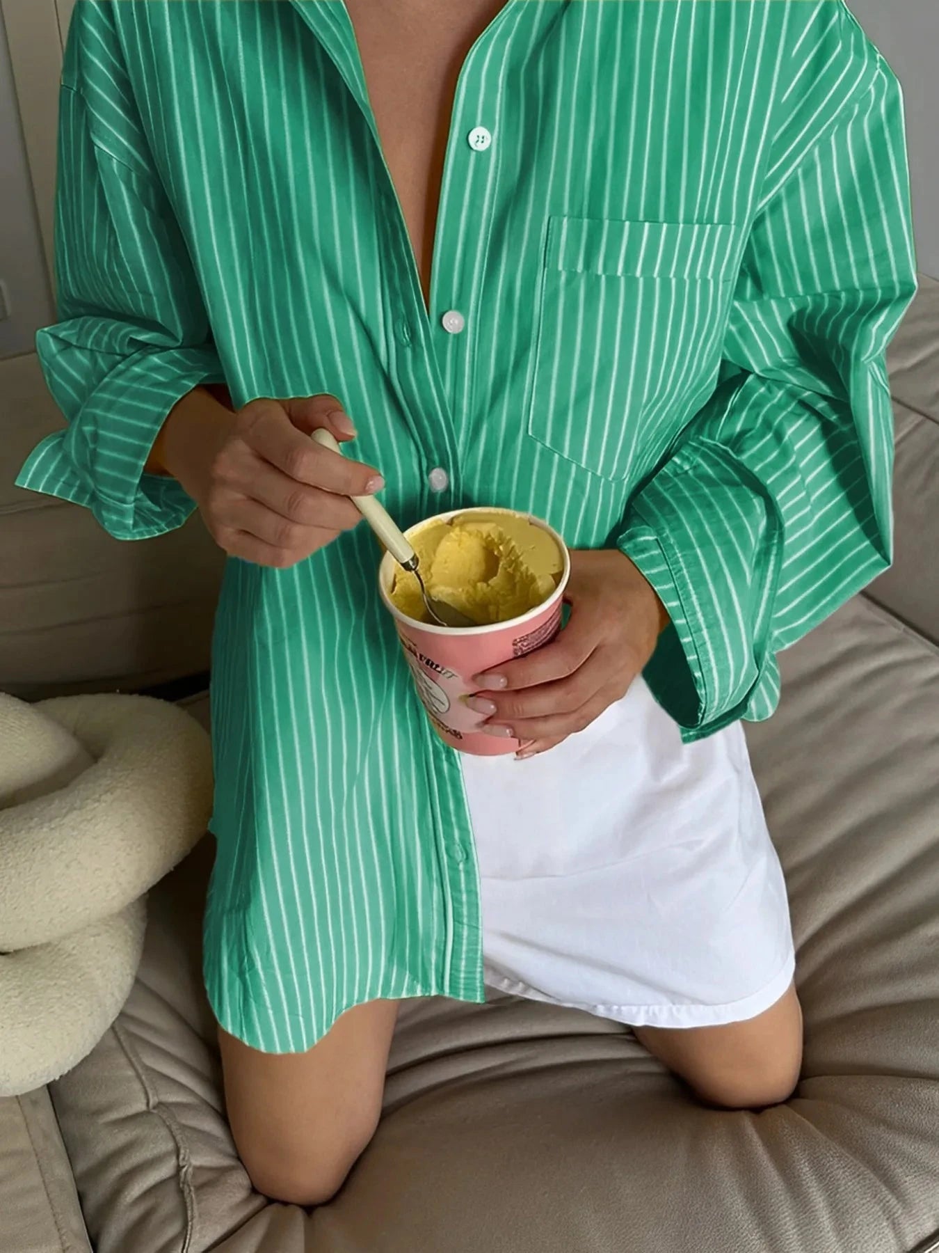 Oversized Striped Button-Down Shirt Green / S