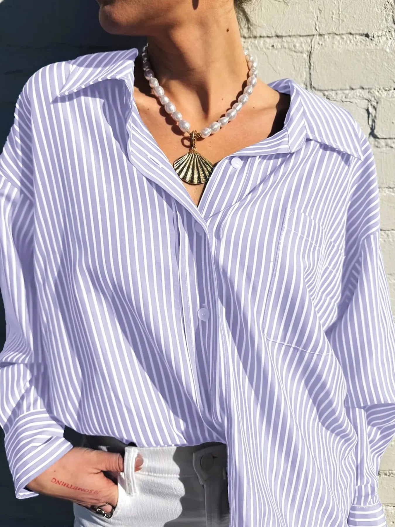 Oversized Striped Button-Down Shirt Pink Purple / S
