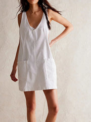 Oversized V-Neck Denim Tank Dress with Front Pockets White / S