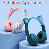 P47M Wireless Headphone with Flash Light, Cute Cat Ears, Mic Control, LED Stereo Music, Bluetooth Headset Gift