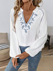 Paisley Pattern Notched Long Sleeve Blouse