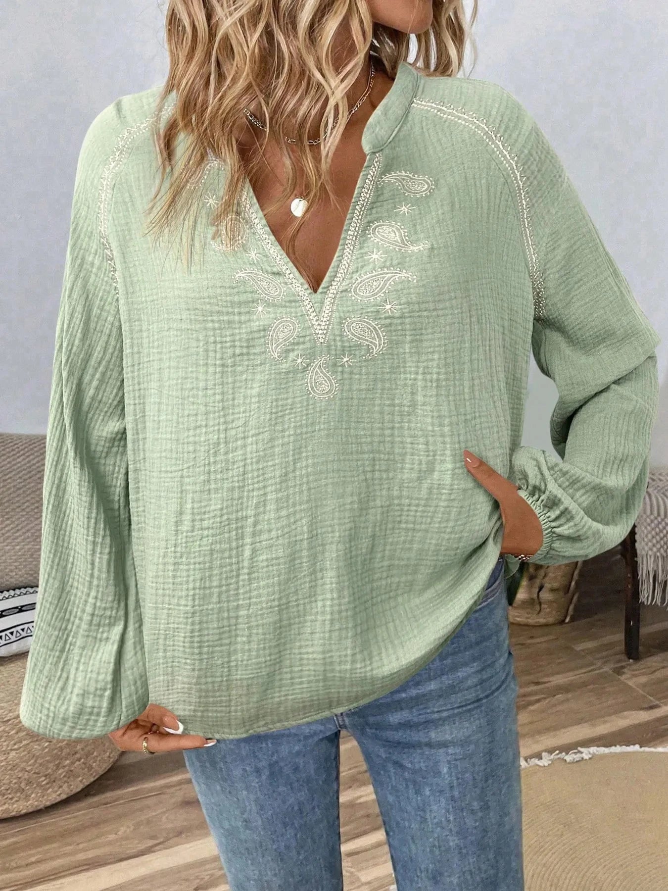 Paisley Pattern Notched Long Sleeve Blouse