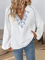 Paisley Pattern Notched Long Sleeve Blouse