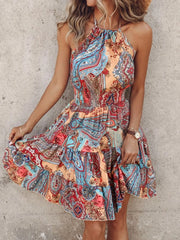 Paisley Print Halter Neck Mini Dress Orange And Blue / S
