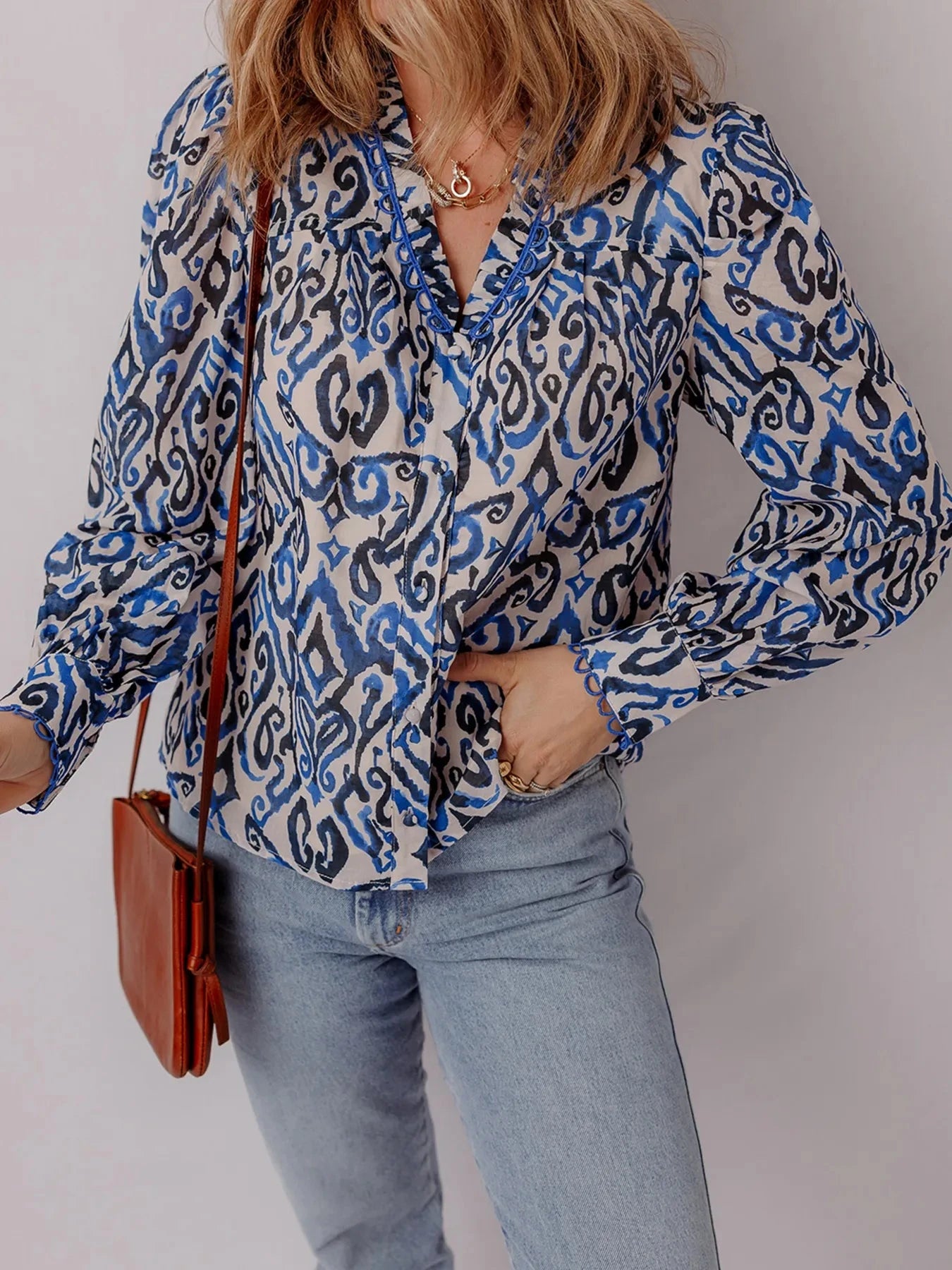 Paisley Print Long Sleeve Blouse Navy / S