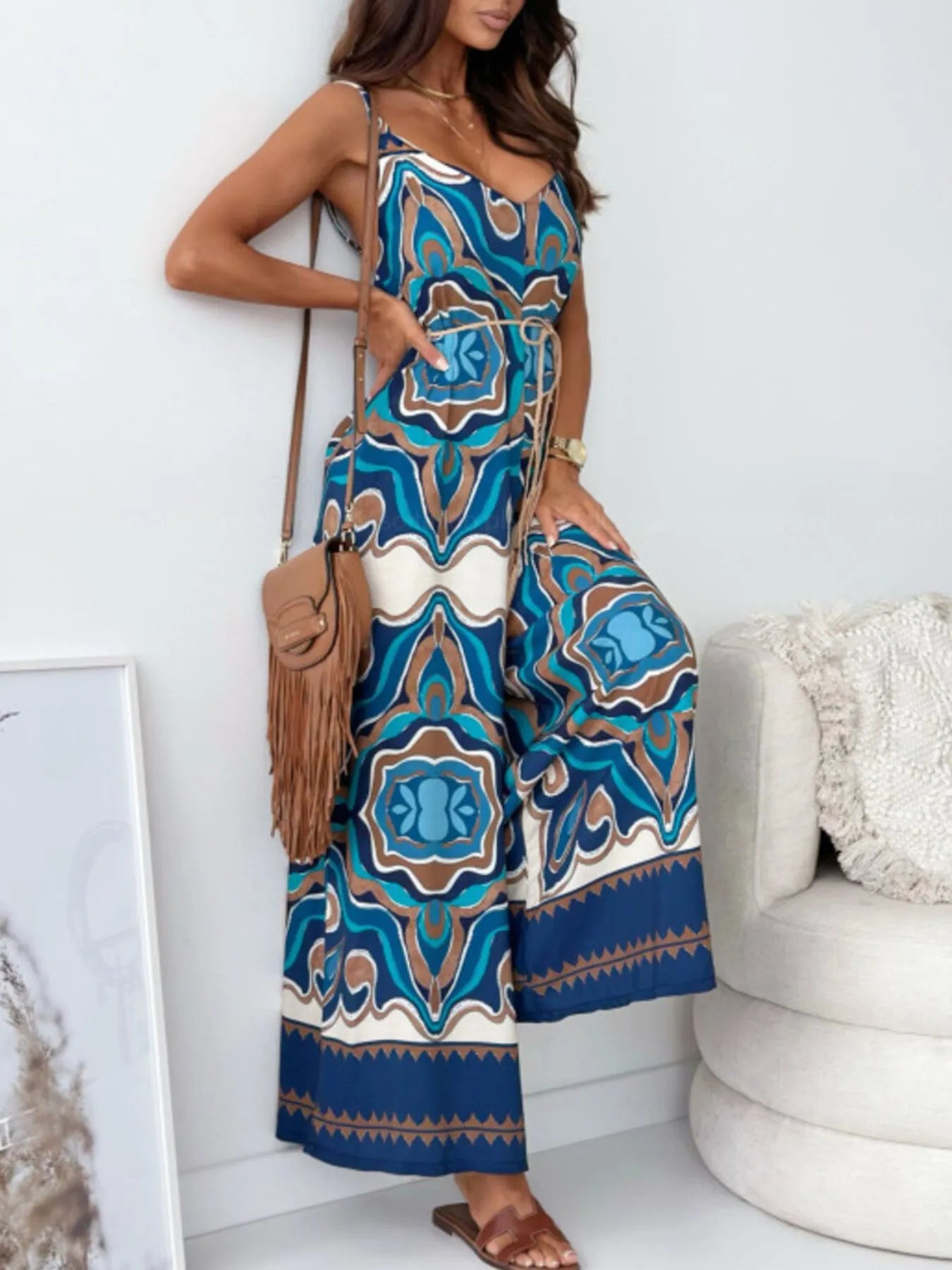 Paisley Print Spaghetti Strap Wide Leg Jumpsuit