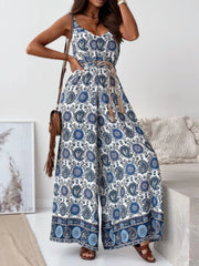 Paisley Print Spaghetti Strap Wide Leg Jumpsuit Blue And White Feathers / S