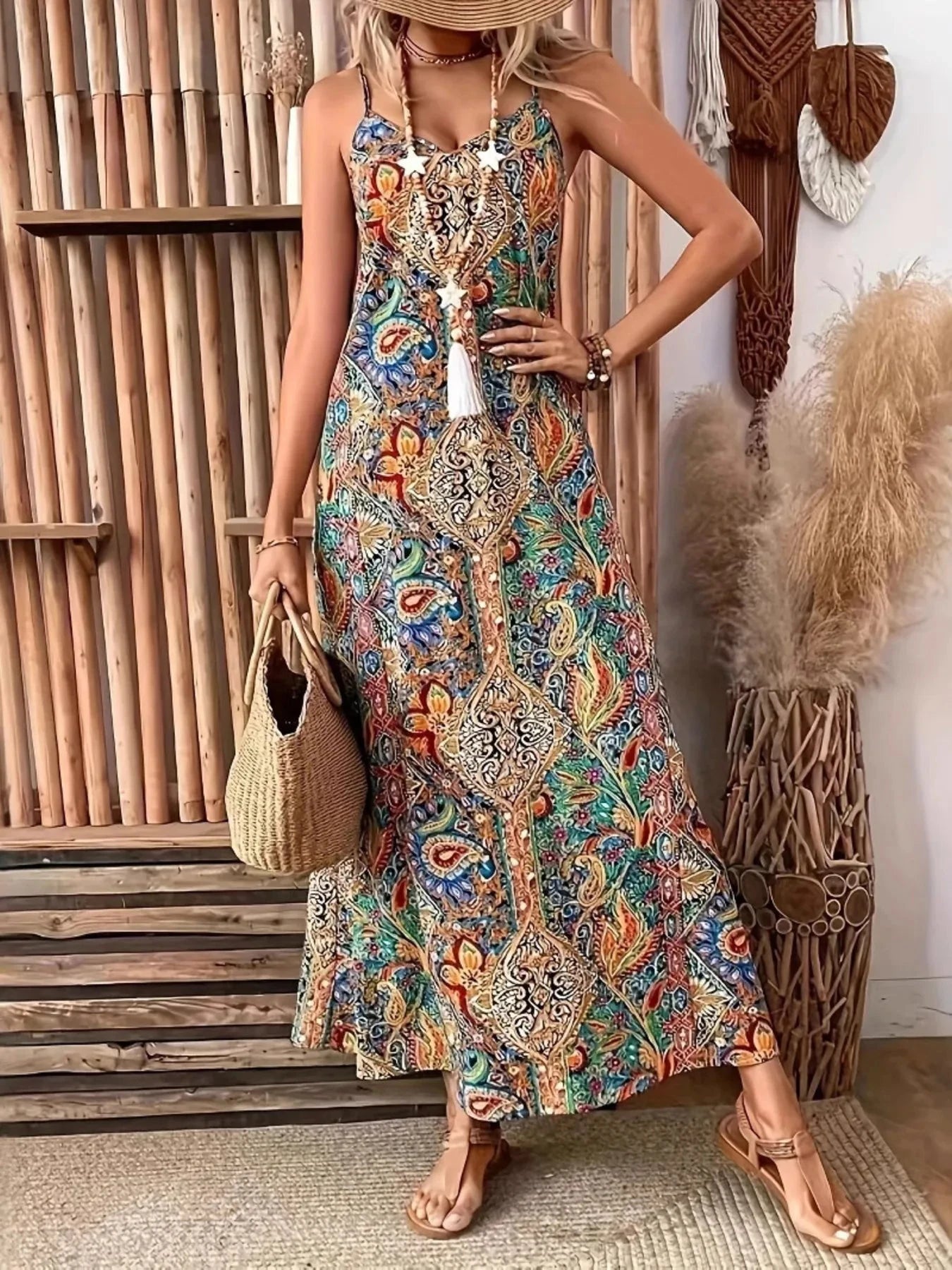 Paisley Print V-Neck Maxi Dress Turquoise / S