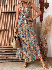 Paisley Print V-Neck Maxi Dress Turquoise / S