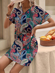 Paisley Print V-Neck Short Sleeve Summer Dress Navy Blue / S