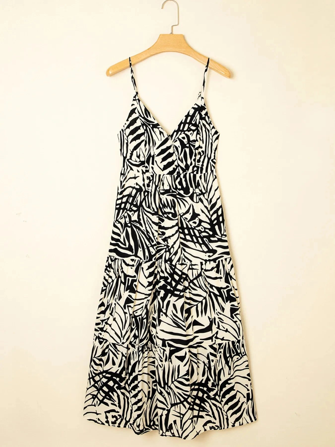 Palm Print Wrapped Spaghetti Straps Tiered Dress