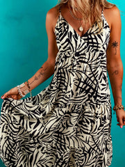 Palm Print Wrapped Spaghetti Straps Tiered Dress