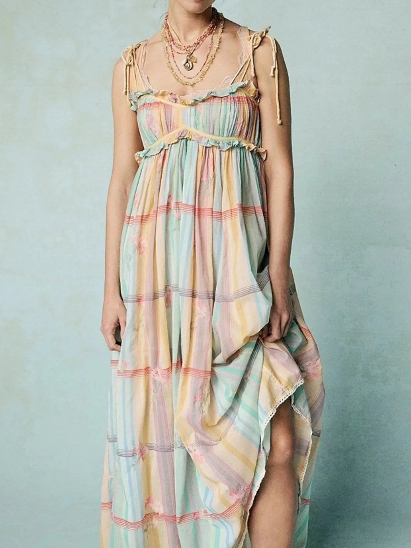 Pastel Plaid Back Smocked Maxi Cami Dress Multicolor / S