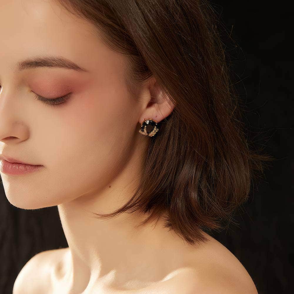 Patchouli Flower and Black Faceted Glass Gold-Plated Earrings