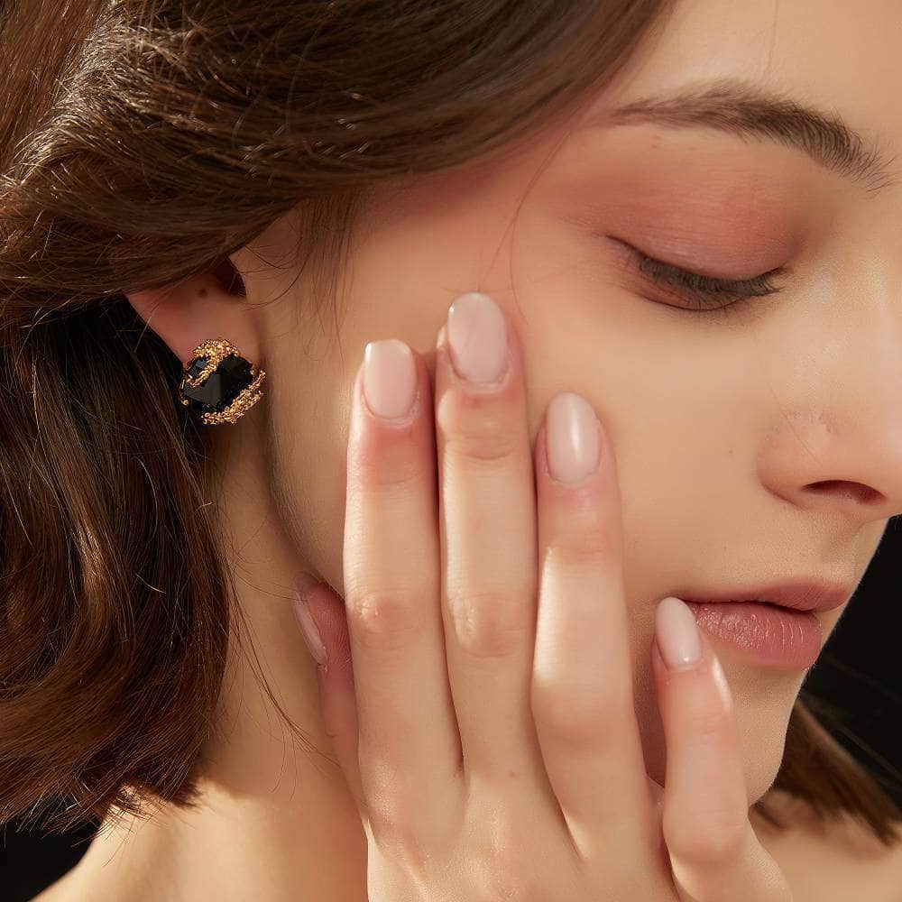 Patchouli Flower and Black Faceted Glass Gold-Plated Earrings