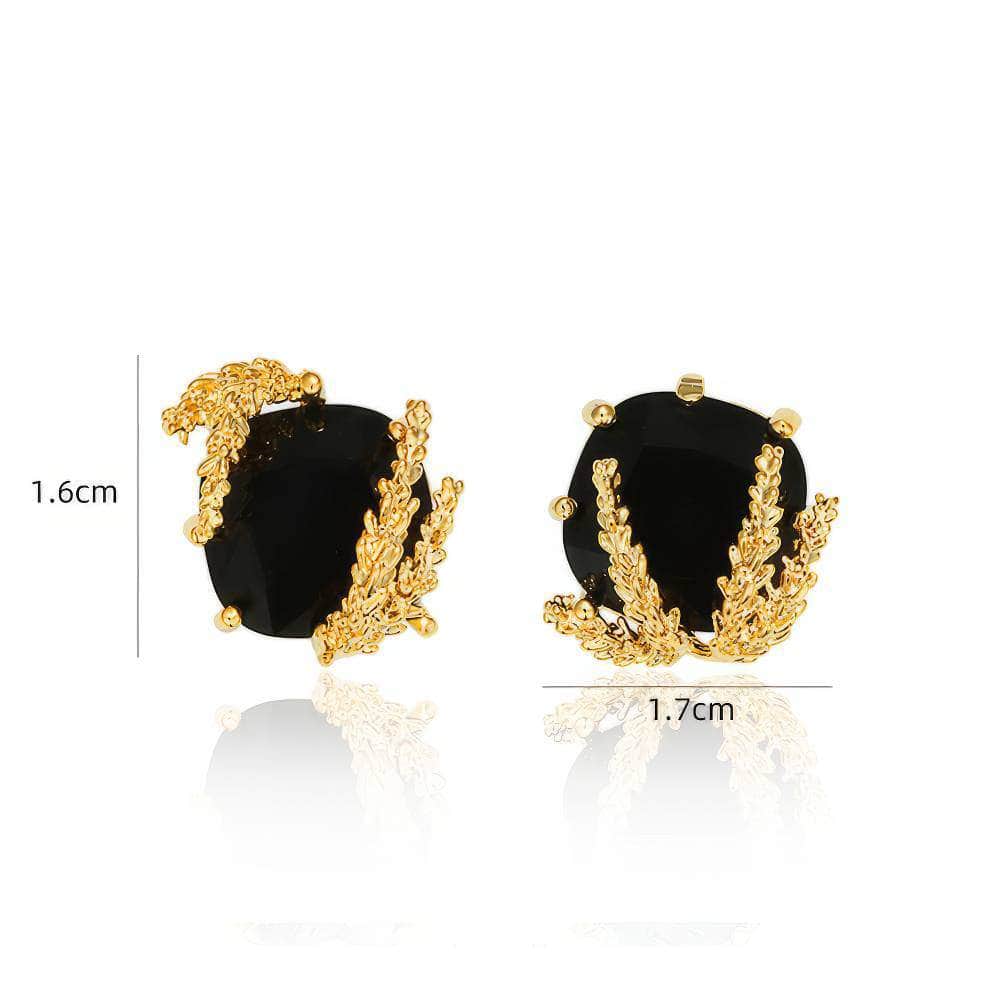 Patchouli Flower and Black Faceted Glass Gold-Plated Earrings
