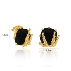 Patchouli Flower and Black Faceted Glass Gold-Plated Earrings