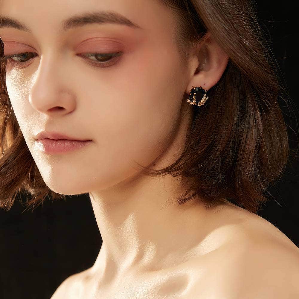 Patchouli Flower and Black Faceted Glass Gold-Plated Earrings