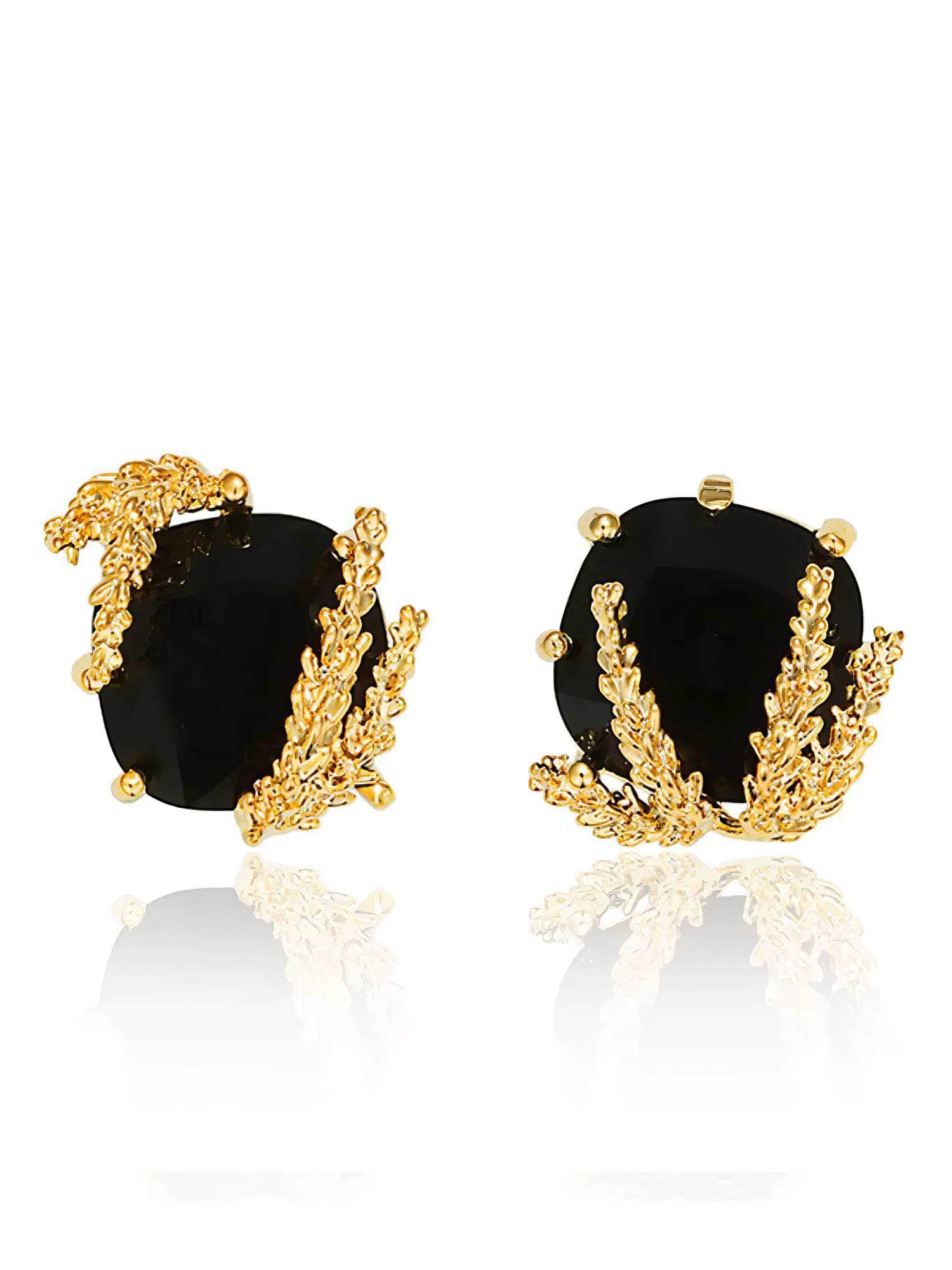 Patchouli Flower and Black Faceted Glass Gold-Plated Earrings Black / Clip On