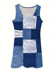 Patchwork Scoop Neck Denim Tank Dress