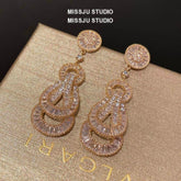 Paved Crystal Baroque Shape Dangle Gold Earrings White