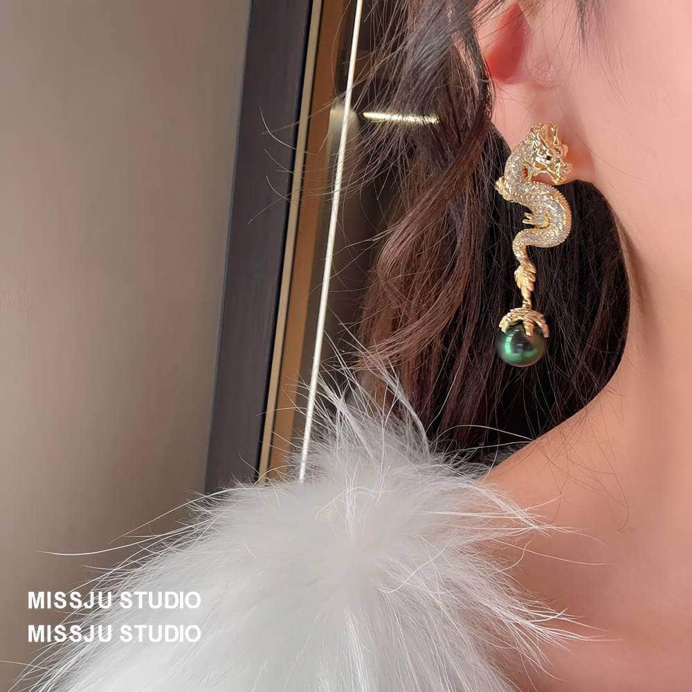 Paved Crystal Dragon Shaped Pearl Deco Earrings White