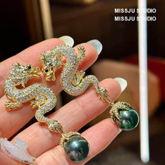 Paved Crystal Dragon Shaped Pearl Deco Earrings White