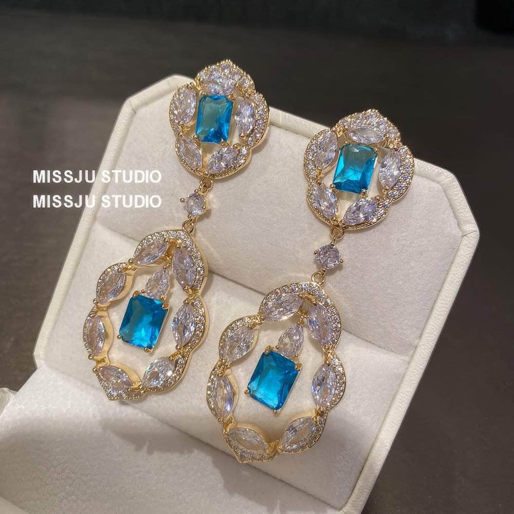 Paved Crystal Rhinestone Floral Deco Dangle Earrings Blue