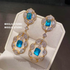 Paved Crystal Rhinestone Floral Deco Dangle Earrings Blue
