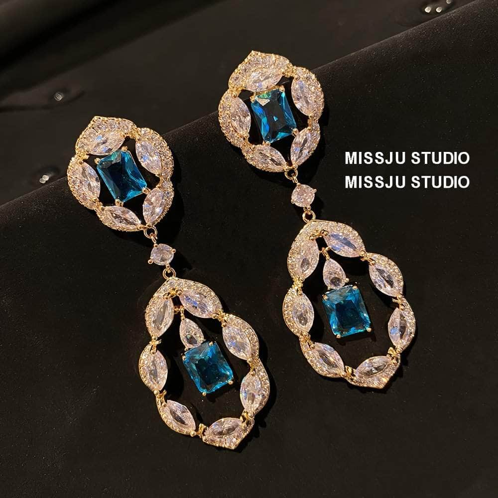 Paved Crystal Rhinestone Floral Deco Dangle Earrings Blue