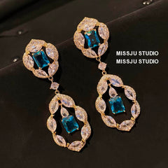 Paved Crystal Rhinestone Floral Deco Dangle Earrings Blue