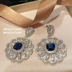 Paved Crystal Sapphire Gemstone Disc Statement Earrings Blue