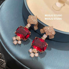Paved Crystals Ruby Deco Rhinestone Dangle Gold Earrings Red