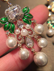 Paved Rhinestone Pearly Chandelier Statement Earrings White