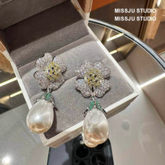 Paved Rhinestone Two-Toned Gemstone Pearl Drop Earrings White